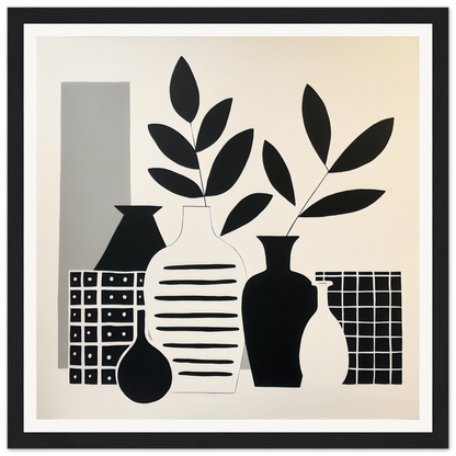 Stylish black and white still life of vases with leaves for Vase Symphony Zen