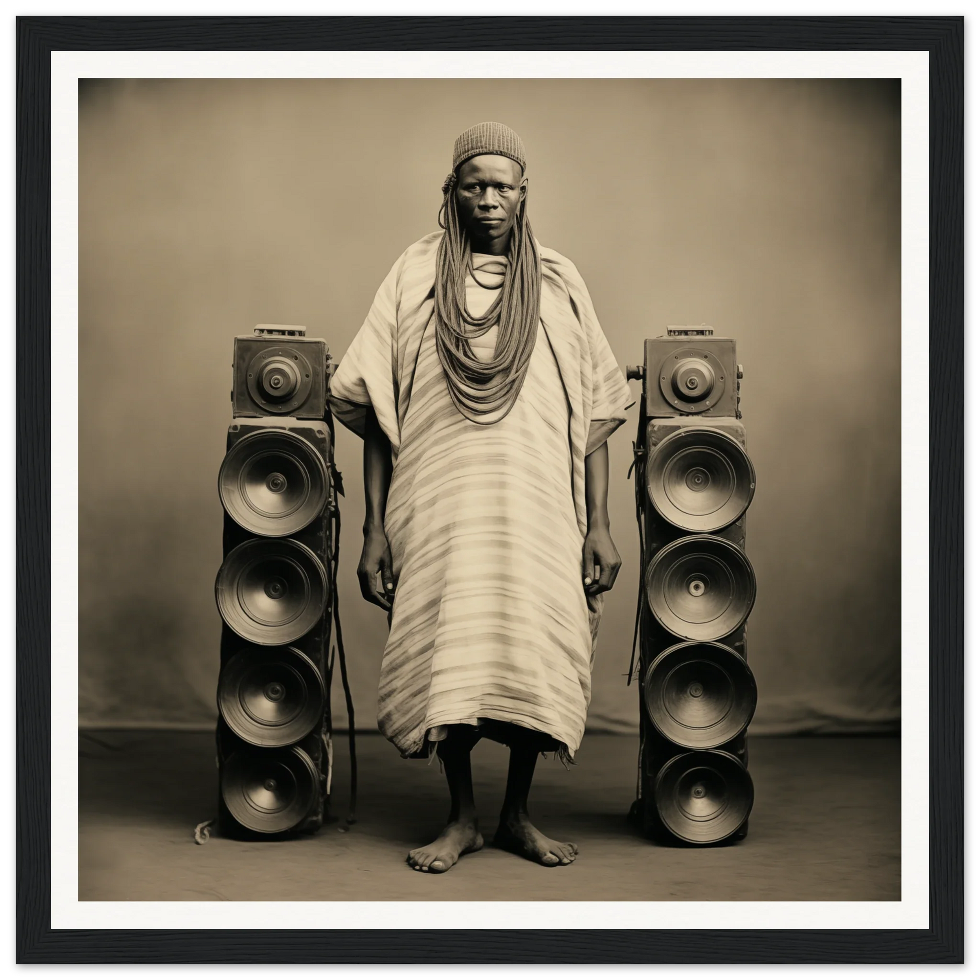 A person in traditional African dress among speakers showcasing Voices Amid Pixels art