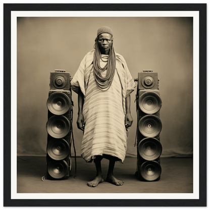 A person in traditional African dress among speakers showcasing Voices Amid Pixels art