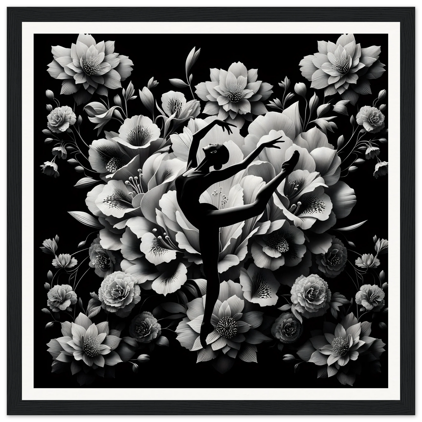 Black silhouette of a ballet dancer in arabesque with blooming flowers for Waltzing Bloom Synthesis