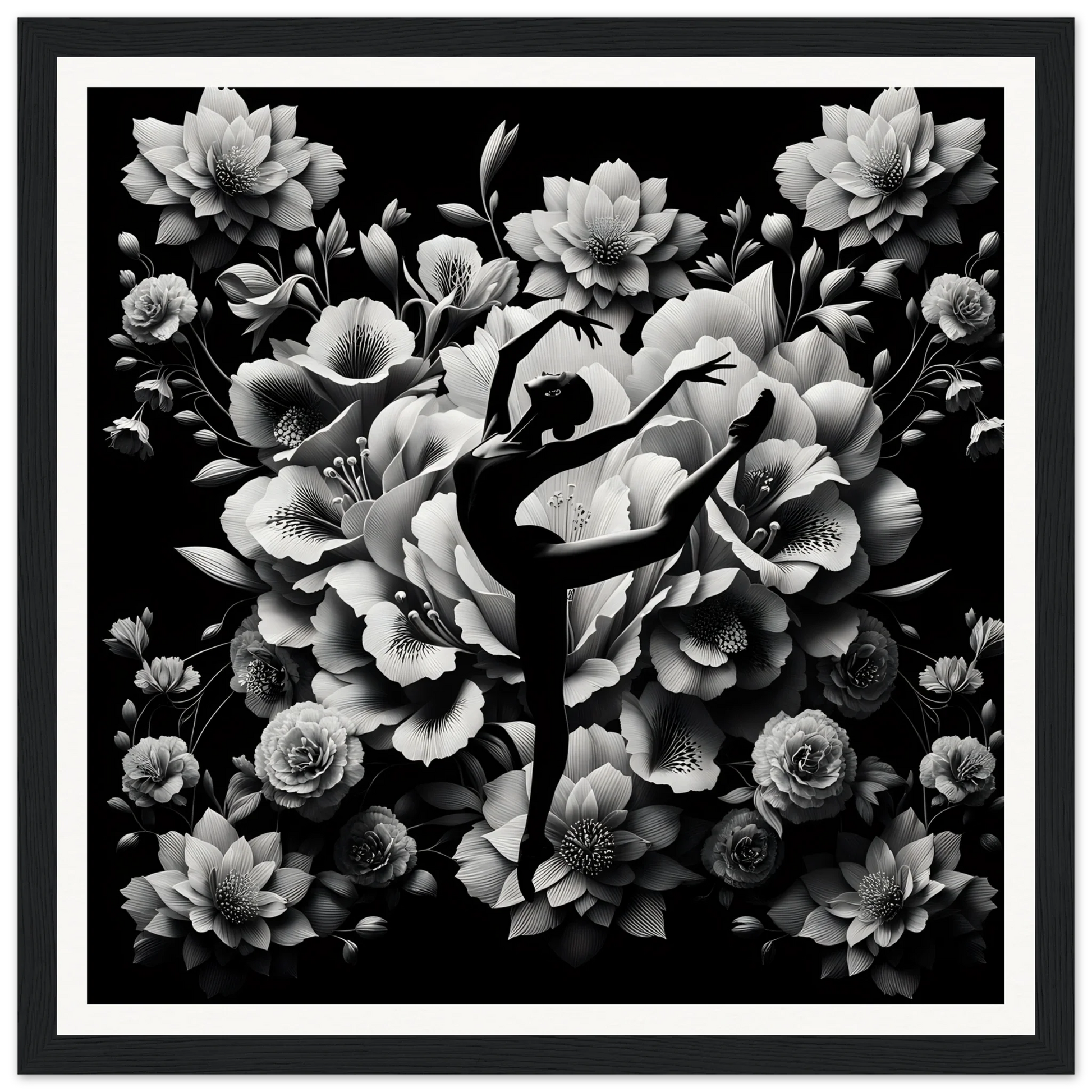 Black silhouette of a ballet dancer in arabesque with blooming flowers for Waltzing Bloom Synthesis