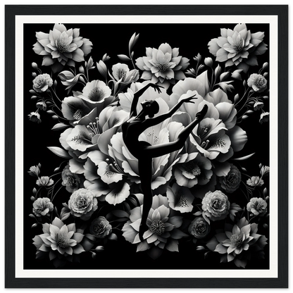 Black silhouette of a ballet dancer in arabesque with blooming flowers for Waltzing Bloom Synthesis