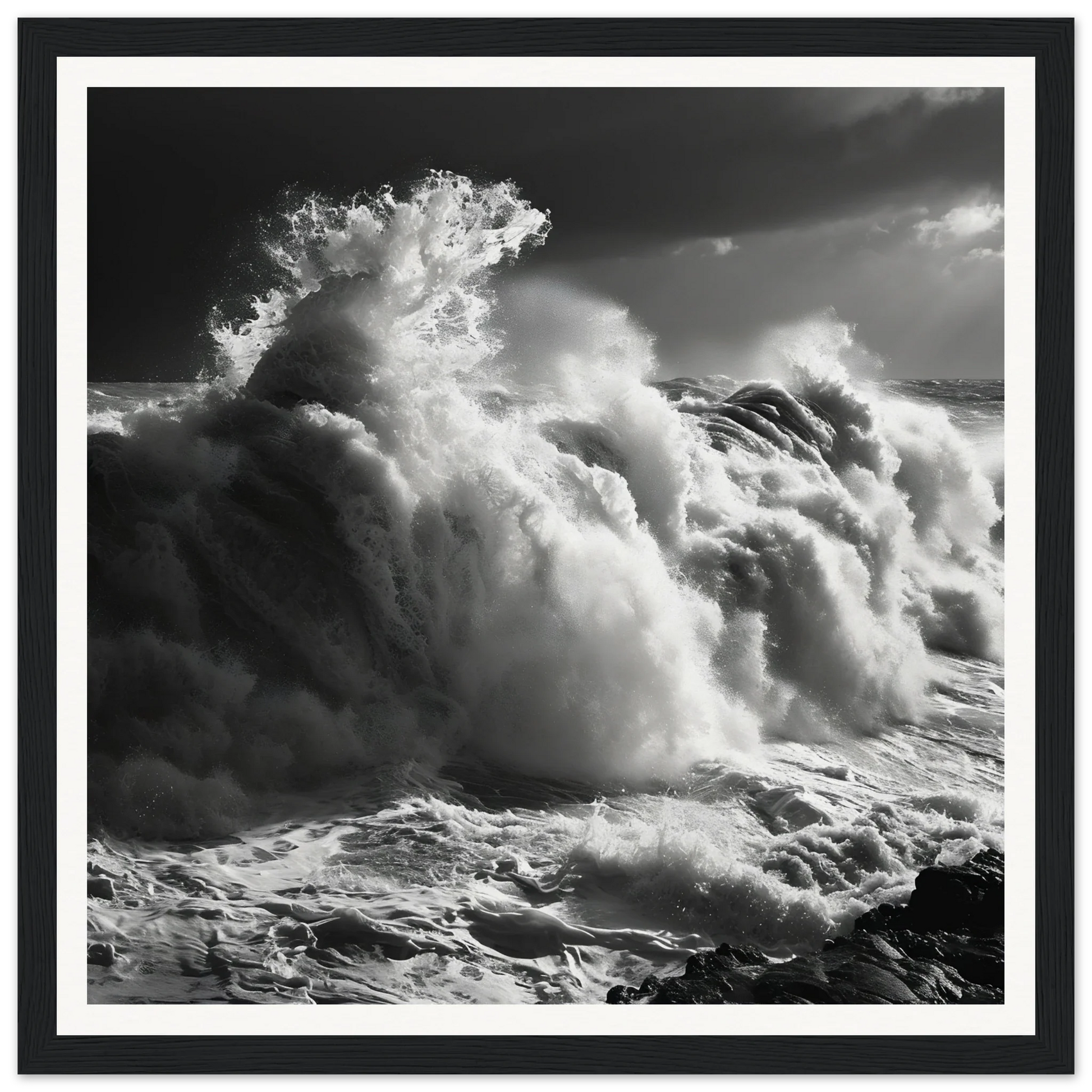 Powerful ocean wave crashing against rocks in Wave’s Celestial Rave Special Edition Art™