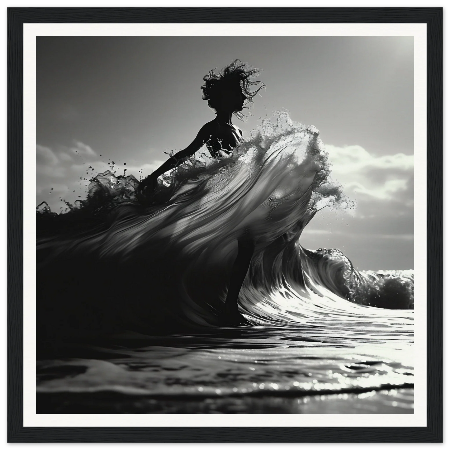 Silhouetted figure surfing a crashing wave in Waves of Fusion special edition art™