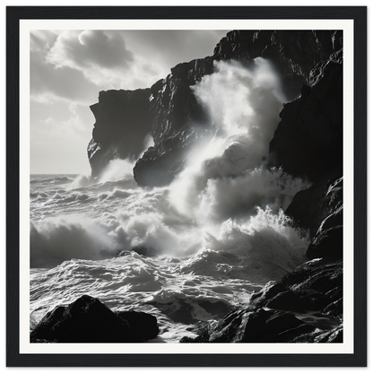 Dramatic black and white ocean waves crashing on cliffs for Waves Wild Gambit framed wall art