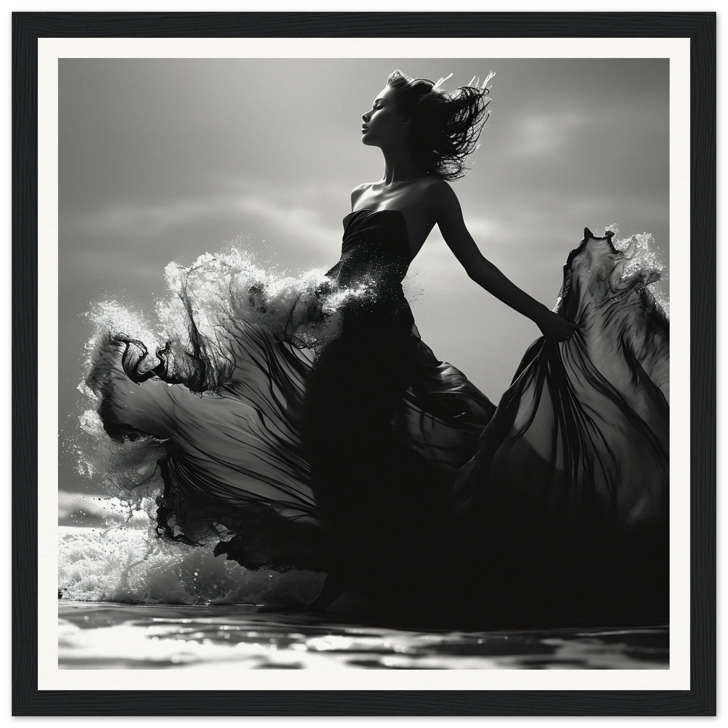 Silhouetted figure in a flowing dress dances in Wavewoven Elegance Manifestation art™