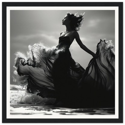 Silhouetted figure in a flowing dress dances in Wavewoven Elegance Manifestation art™