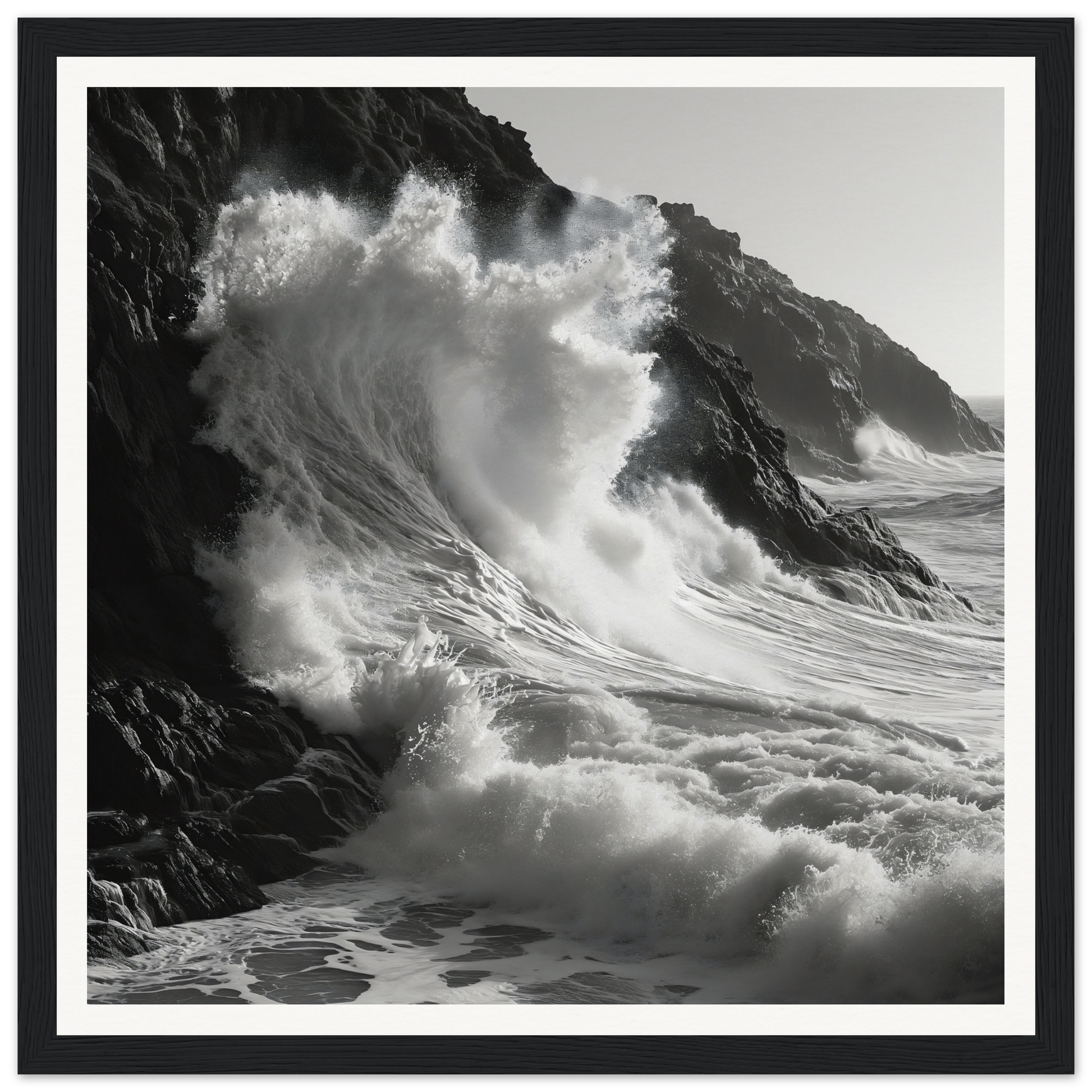 Powerful ocean wave crashing on rocky cliffs in the Whirlwind’s Whisper art piece