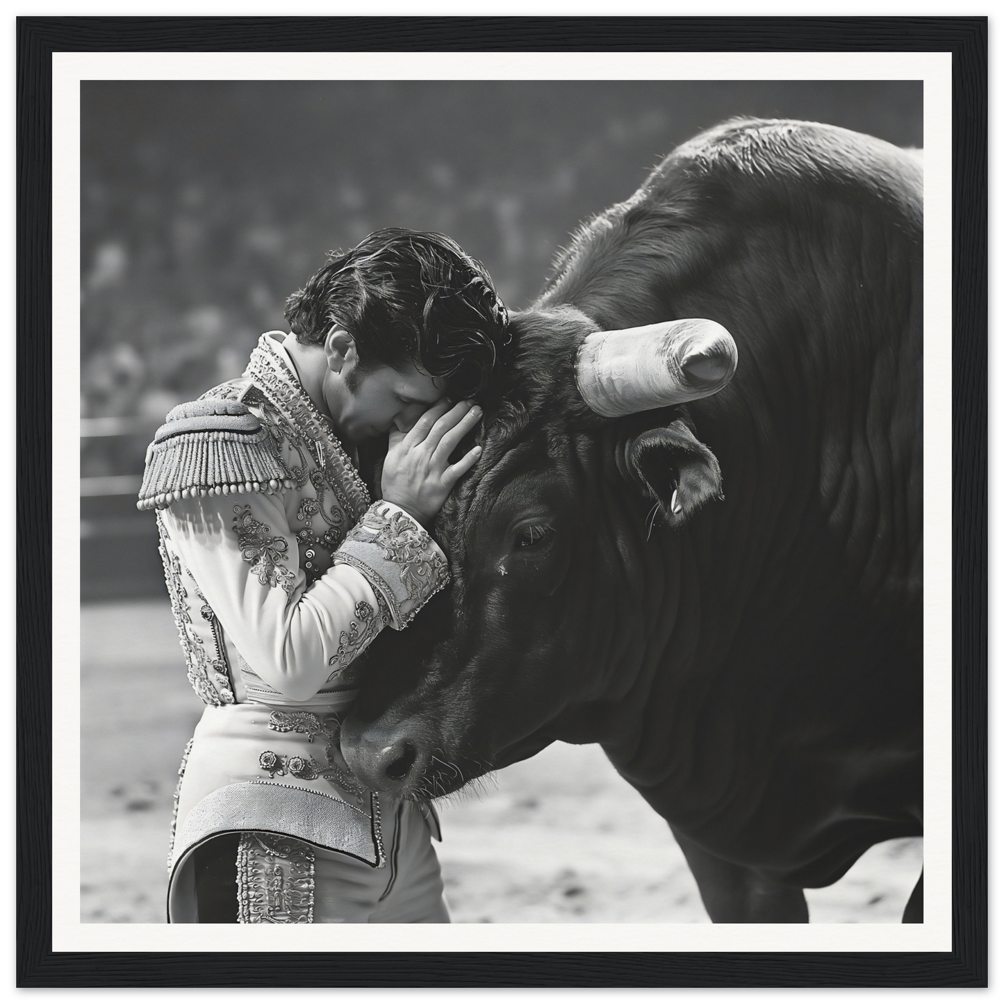 Matador in ornate uniform pressing head to bull’s forehead, special edition art™ piece