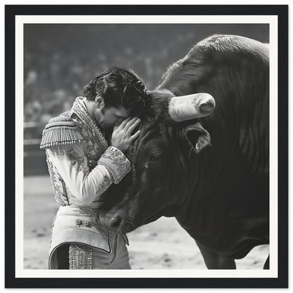 Matador in ornate uniform pressing head to bull’s forehead, special edition art™ piece