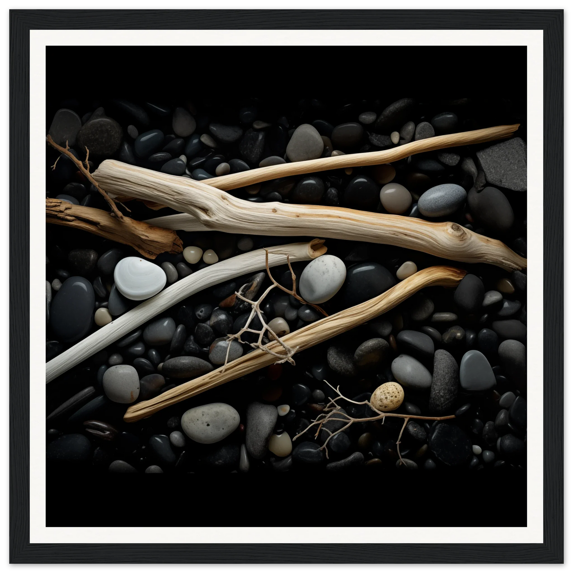 Driftwood pieces on dark river rocks in Whispers Earthward Serenade art piece