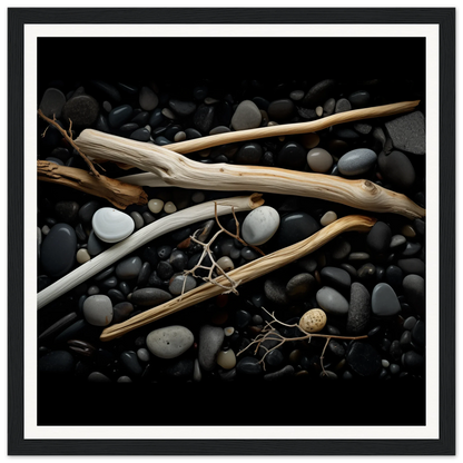 Driftwood pieces on dark river rocks in Whispers Earthward Serenade art piece