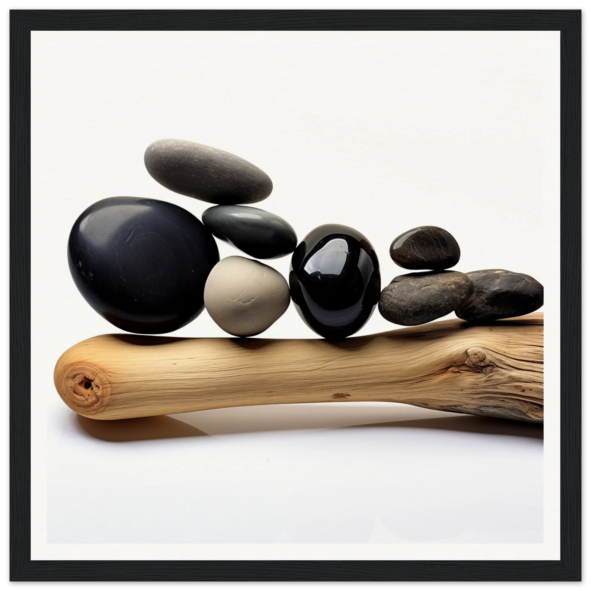 Zen Balance Riffs showcasing smooth river rocks on driftwood for framed posters