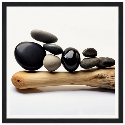 Zen Balance Riffs showcasing smooth river rocks on driftwood for framed posters