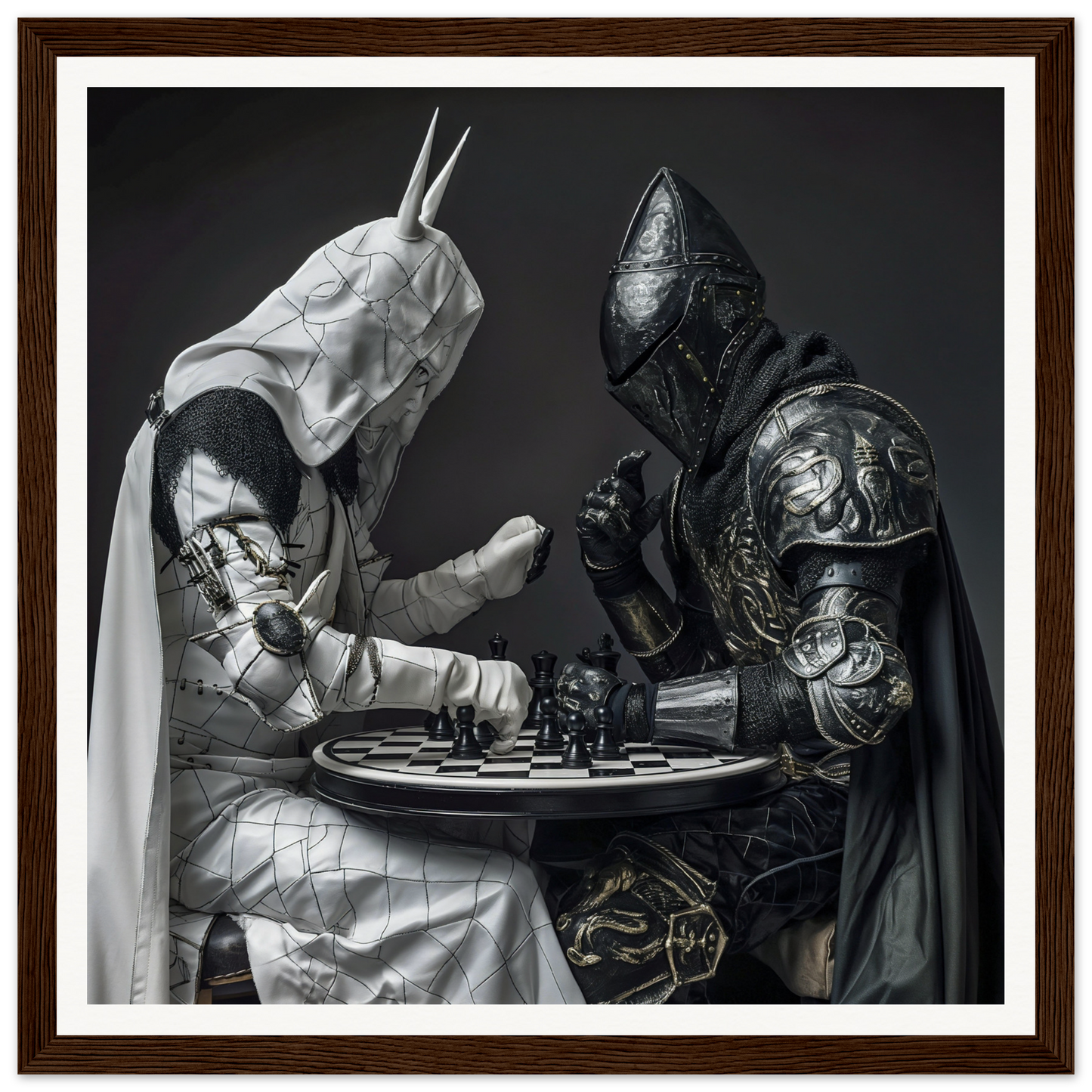 Two armored figures play chess at a table in Armored Minds Duel special edition art™