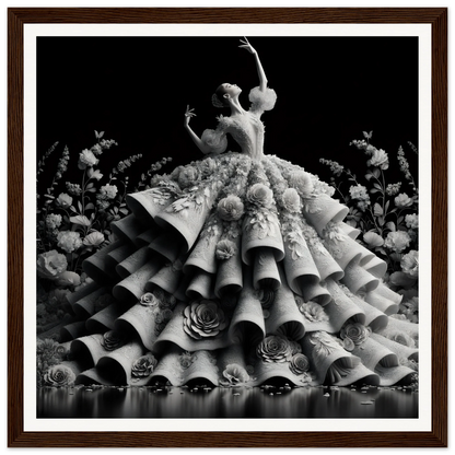 Dancer in ruffled floral dress poses elegantly for Baroque Blossom Ballet framed poster