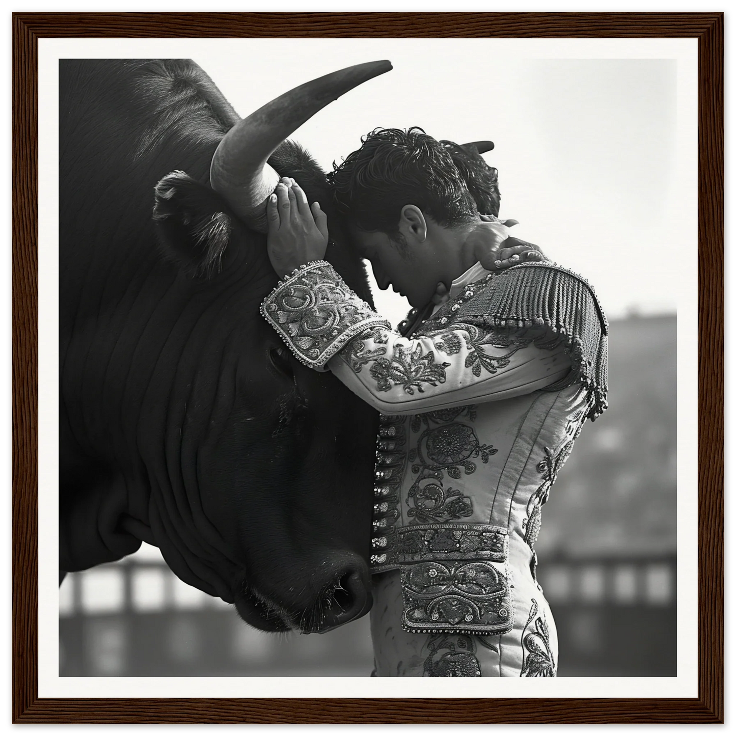 Matador in an ornate suit embraces bull’s head in Bull’s Forehead Commune art piece