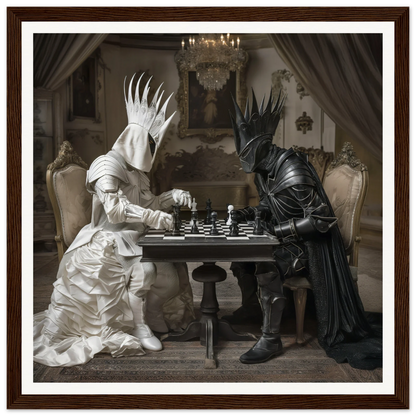 Armored figures in black and white battling at chess in Celestial Chess Nexus art