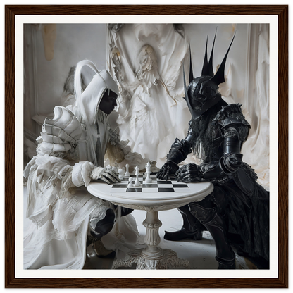 Two armored figures in black and white playing chess in Chess Duality Dance art