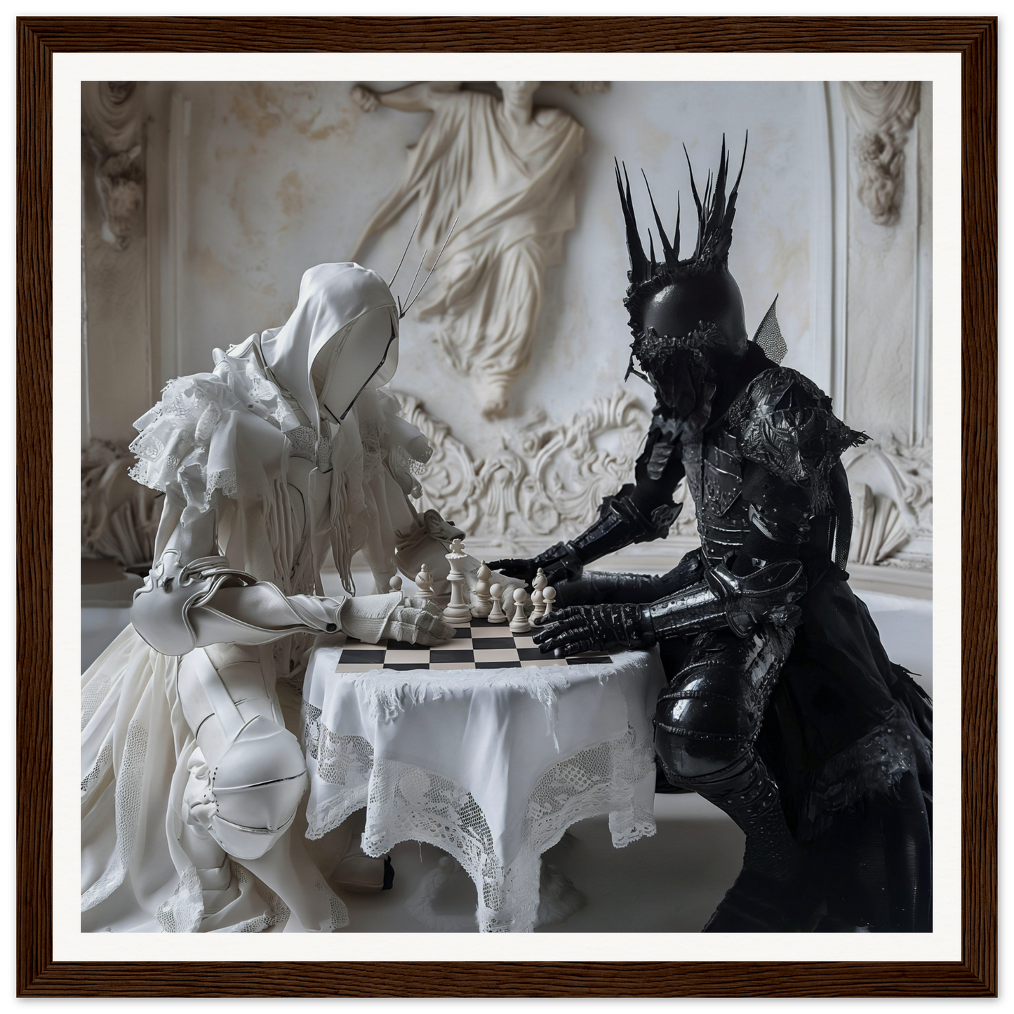 Two armored figures in black and white play chess at a lace table, Chess Rhapsody Duality