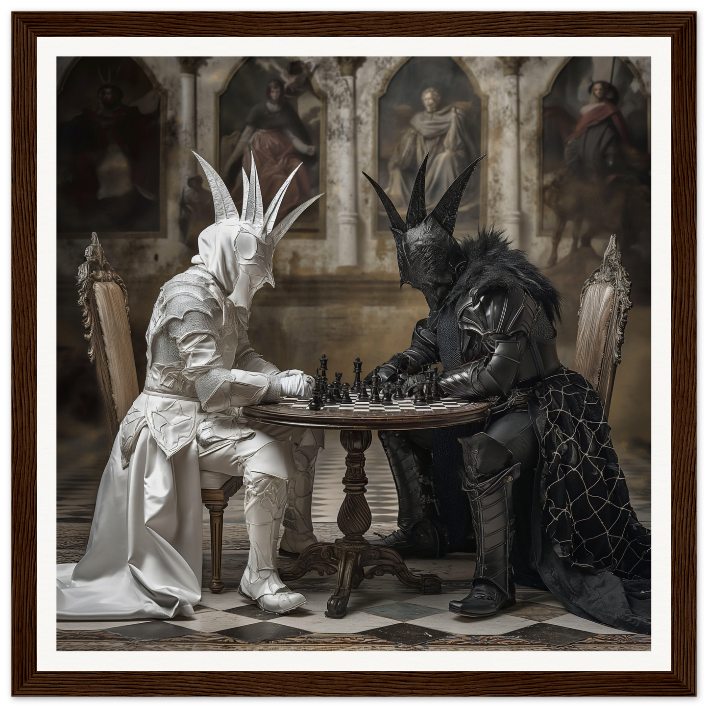 Two masked figures in black and white play chess at an ornate table Chessboard Waltz