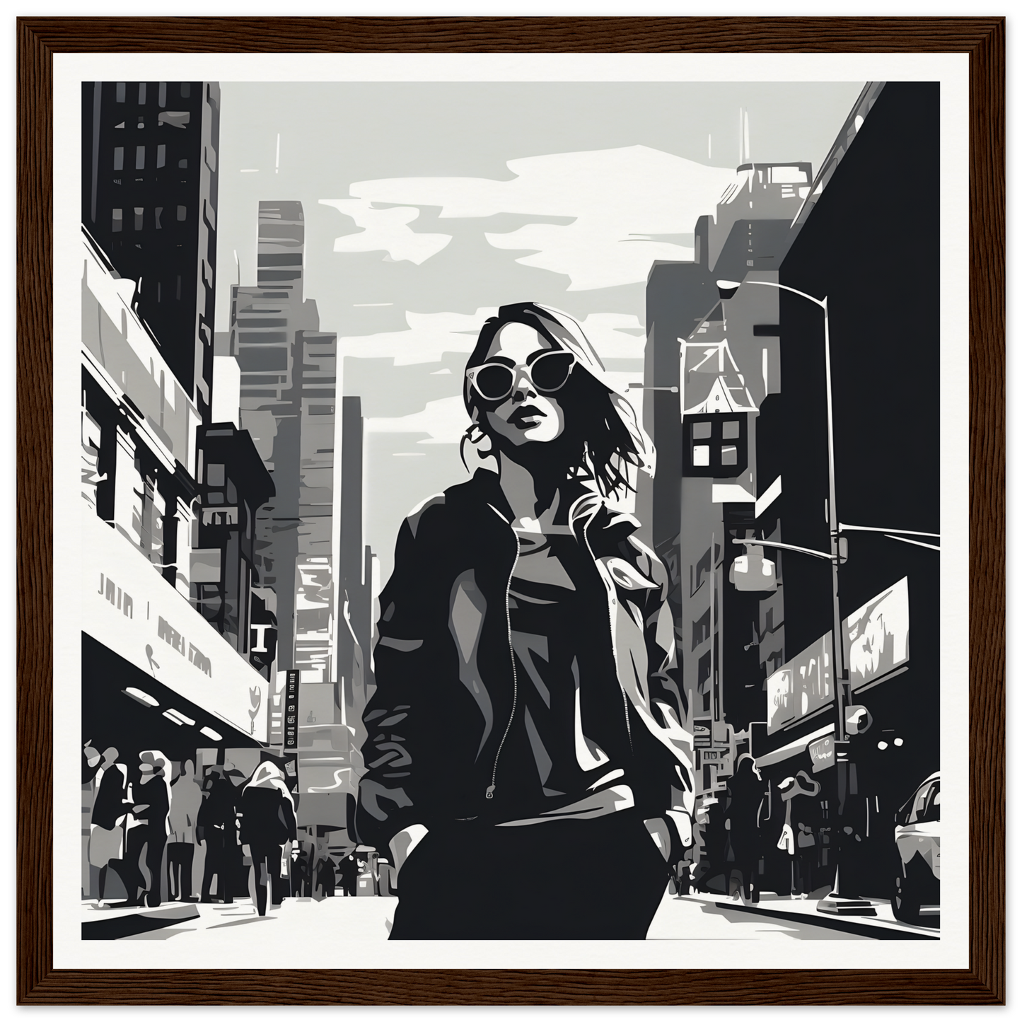 Stylized black and white art of a cool person in sunglasses for Chic City’s Echoes