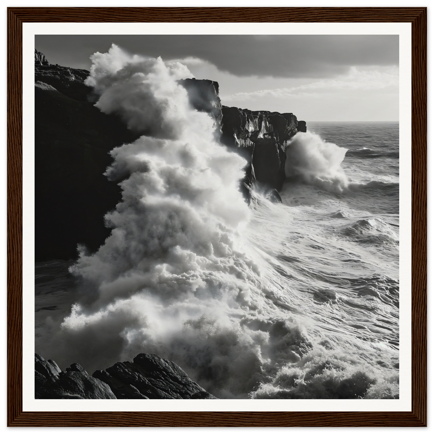 Ocean waves crash on cliffs in Cliffs’ Chaotic Ballet framed seascape art