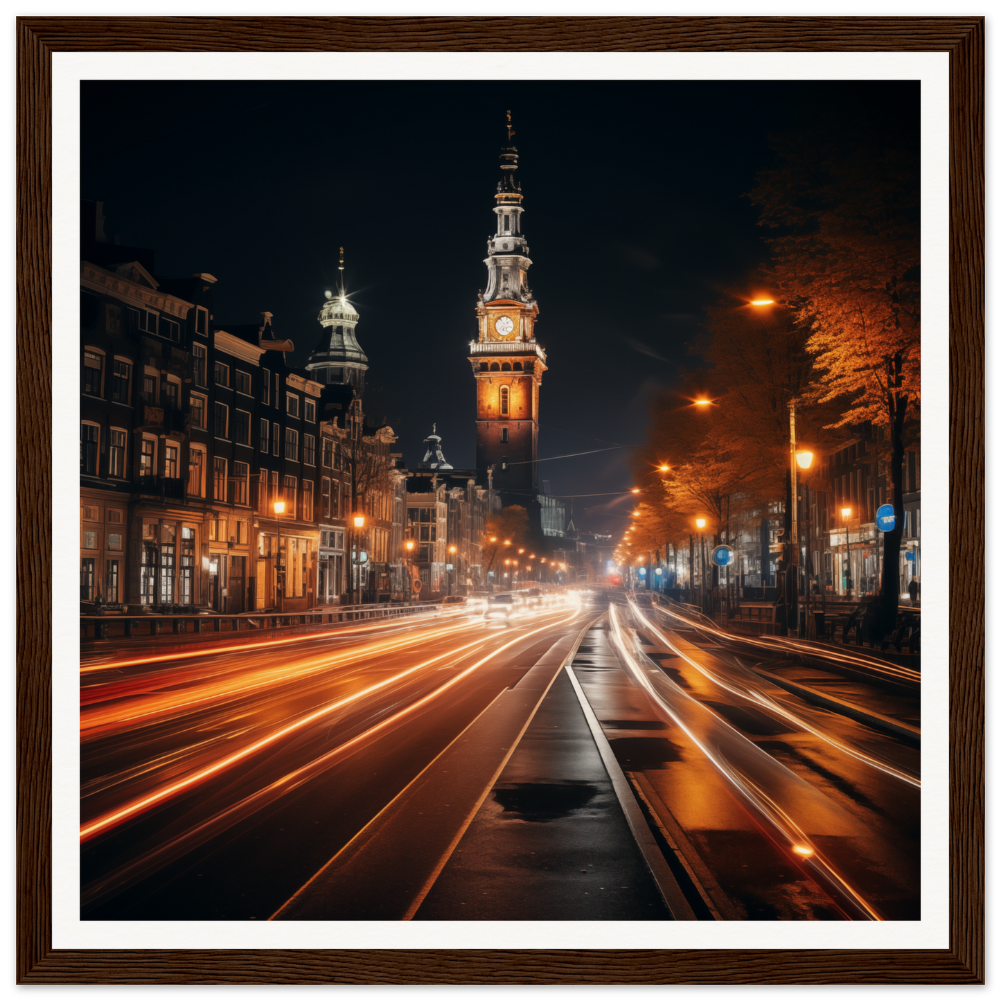 Illuminated clock tower over city street with light trails in Clockwork City Glow art