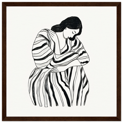 Black and white illustration of a person in a striped dress for Contemplative Striped Tranquility