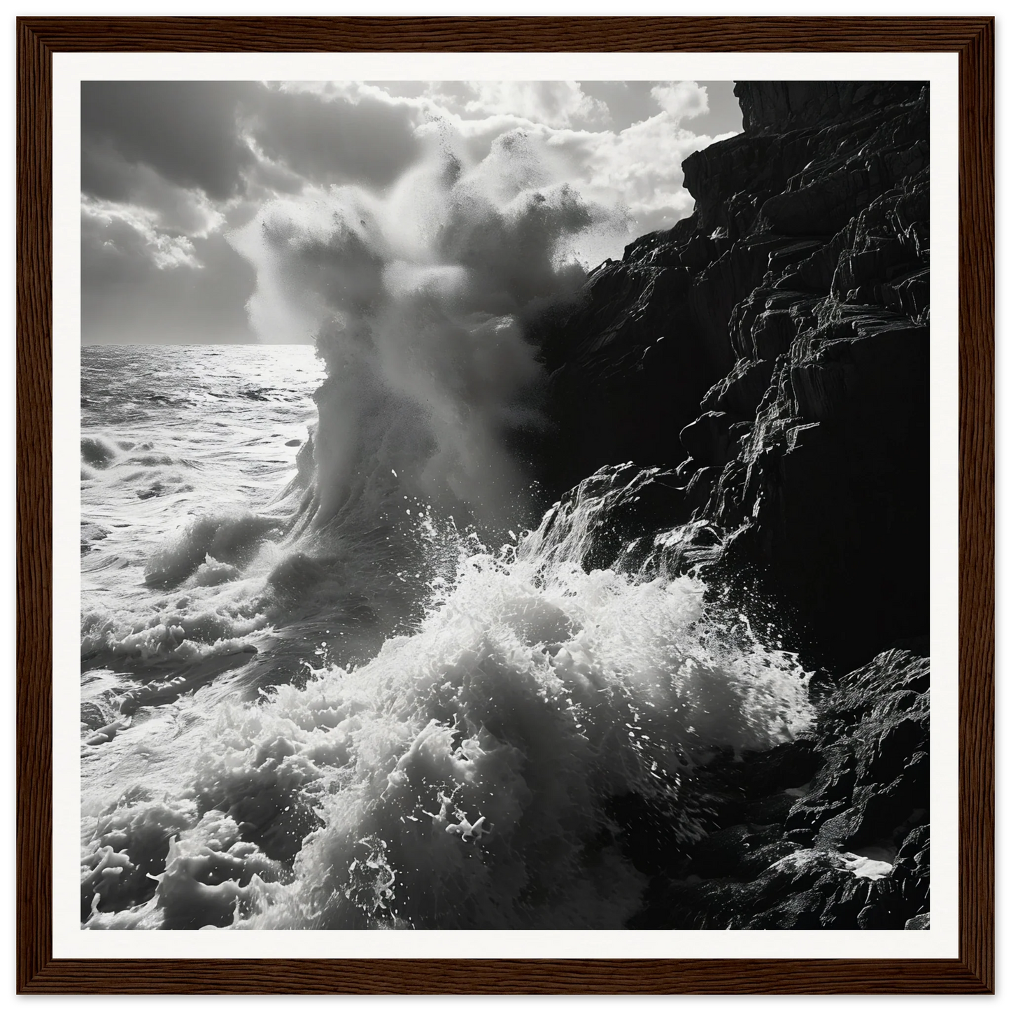 A powerful ocean wave crashing on rocky cliffs in Dance Infernal Embrace art™