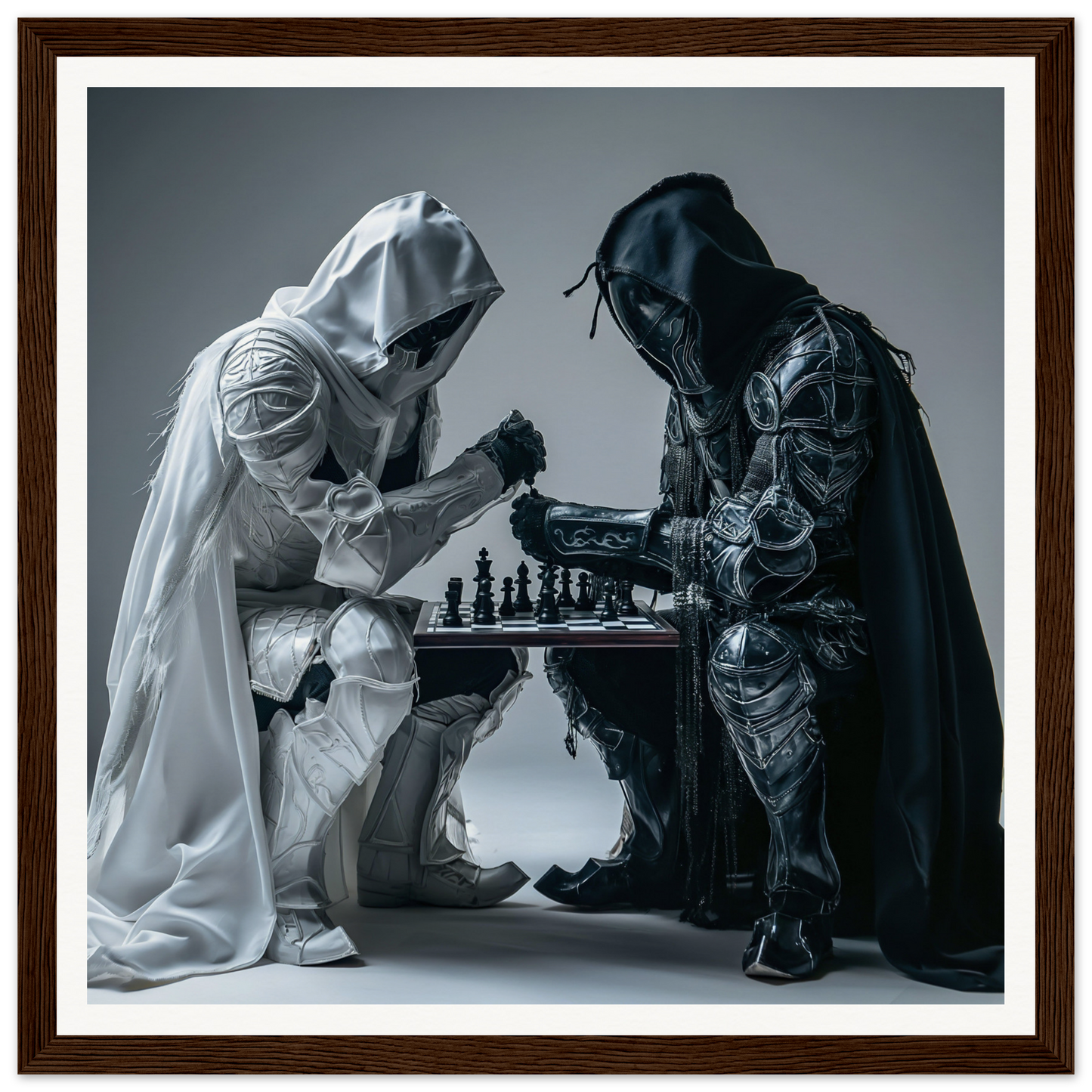 Two hooded figures in black and white robes playing chess in Duality Chess Dreamscape