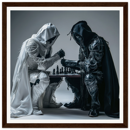 Two hooded figures in black and white robes playing chess in Duality Chess Dreamscape