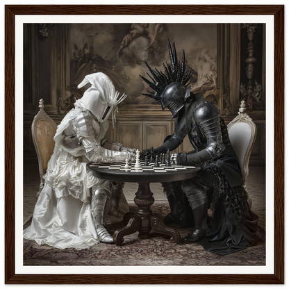 Two figures in black and white play chess in Duelling Nightmares’ Vision framed poster