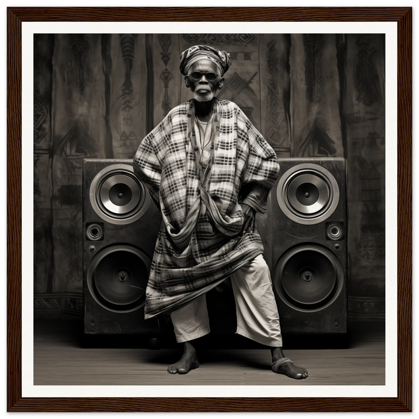 Person in traditional African attire next to speakers in Echos of Mysticism special edition art