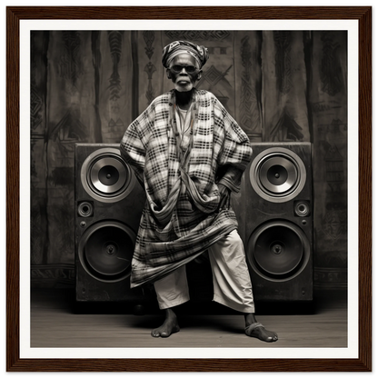 Person in traditional African attire next to speakers in Echos of Mysticism special edition art