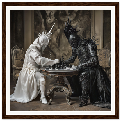 Two armored figures engage in an Elegant Chess Duel at an ornate table, framed wall art