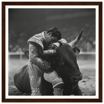 Bullfighter in traditional dress grappling with a bull for special edition art™ on display