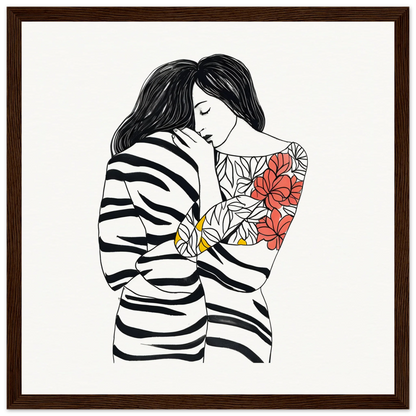 Line drawing of two figures in zebra stripes and floral tattoos for Etched Embrace Harmony