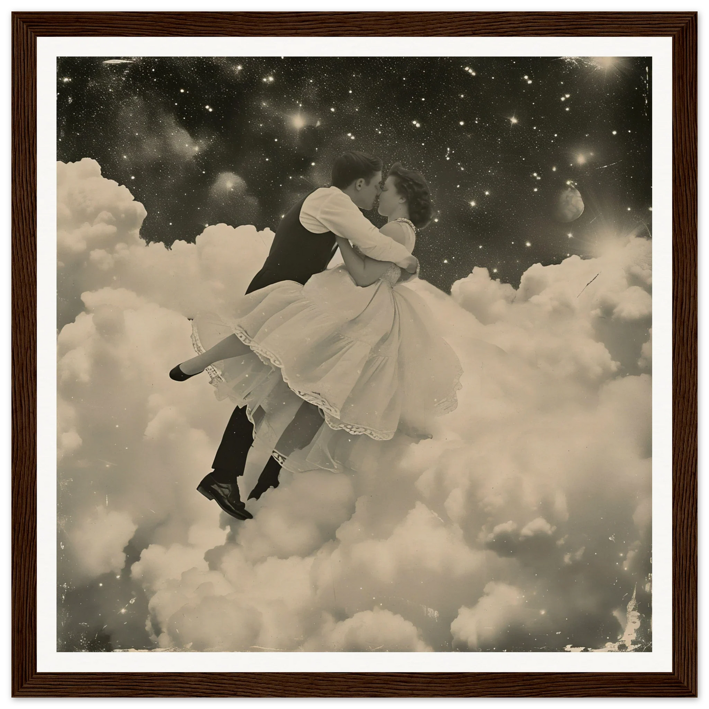 Couple in vintage clothes dancing on clouds in Eternal Cosmic Swoon art piece