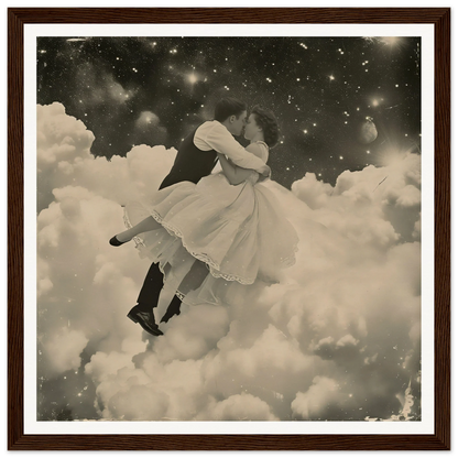 Couple in vintage clothes dancing on clouds in Eternal Cosmic Swoon art piece