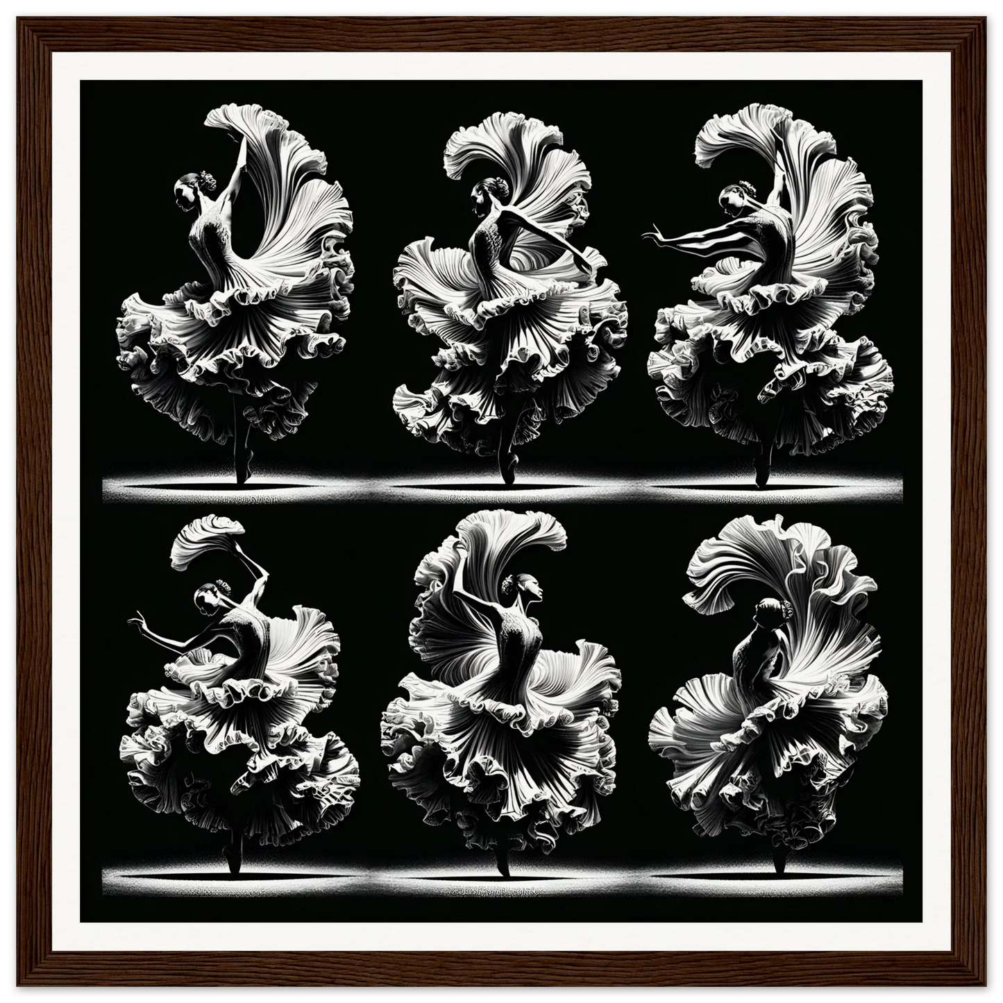 Six ornate black and white ruffled carnation flower photos in Ethereal Ballet Whirl framed posters