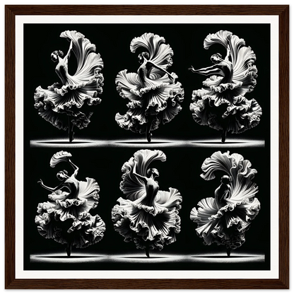 Six ornate black and white ruffled carnation flower photos in Ethereal Ballet Whirl framed posters