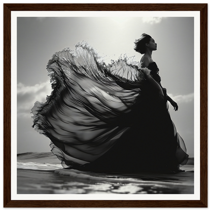 A dramatic silhouette of a flowing black dress from Ethereal Wave Serenade