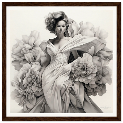 Glamorous black and white fashion photo of a Gown Enveloped Blossoms with peony blooms