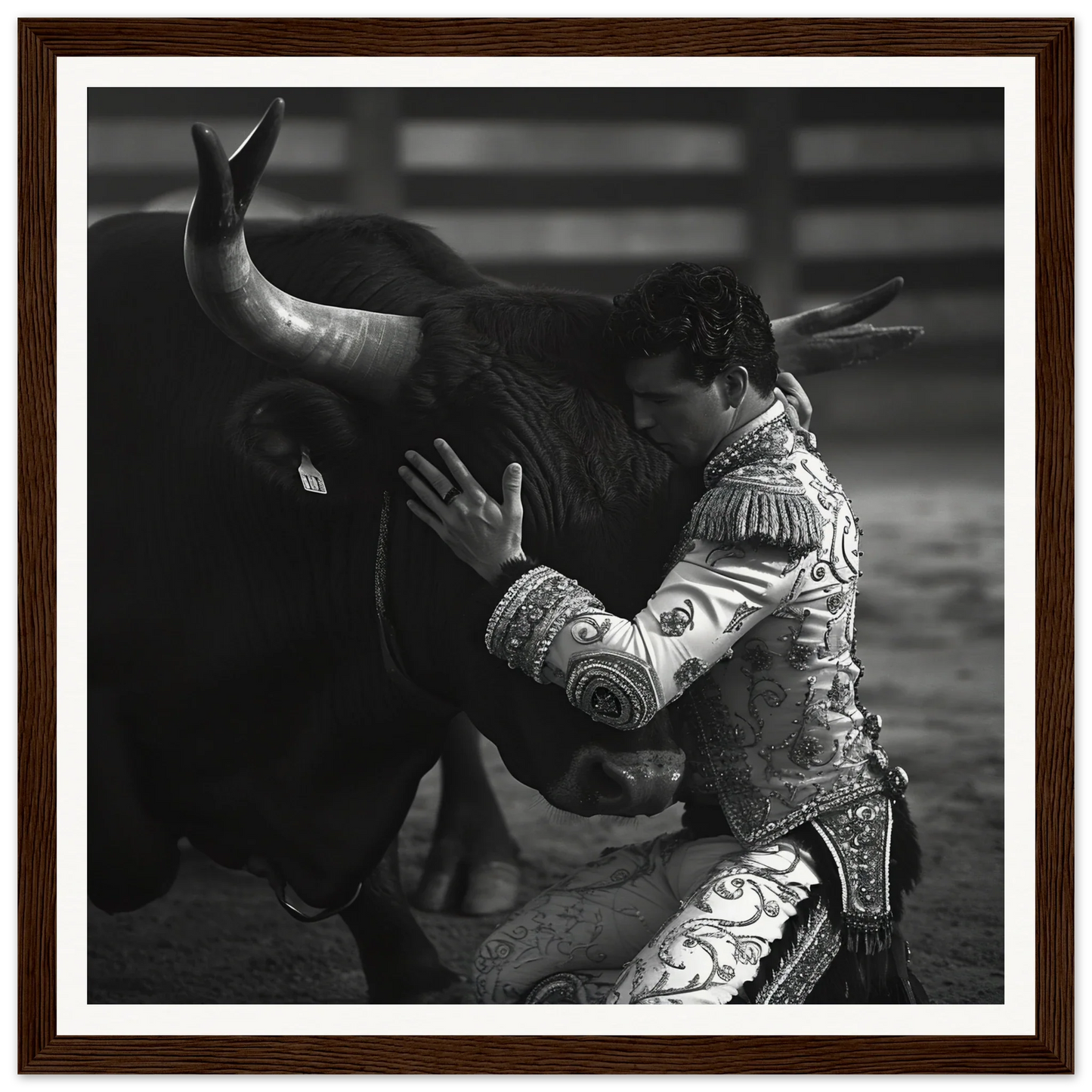 Matador in ornate suit confronting bull, featured in Harmonious Grief Dance framed art™