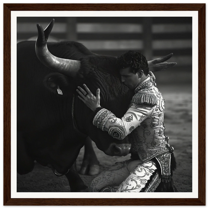 Matador in ornate suit confronting bull, featured in Harmonious Grief Dance framed art™