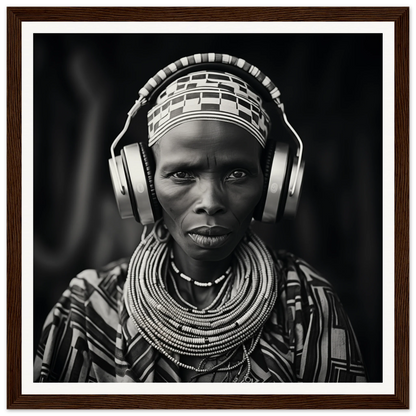 Striking black and white portrait merging tradition meets tech with beaded necklaces and headphones