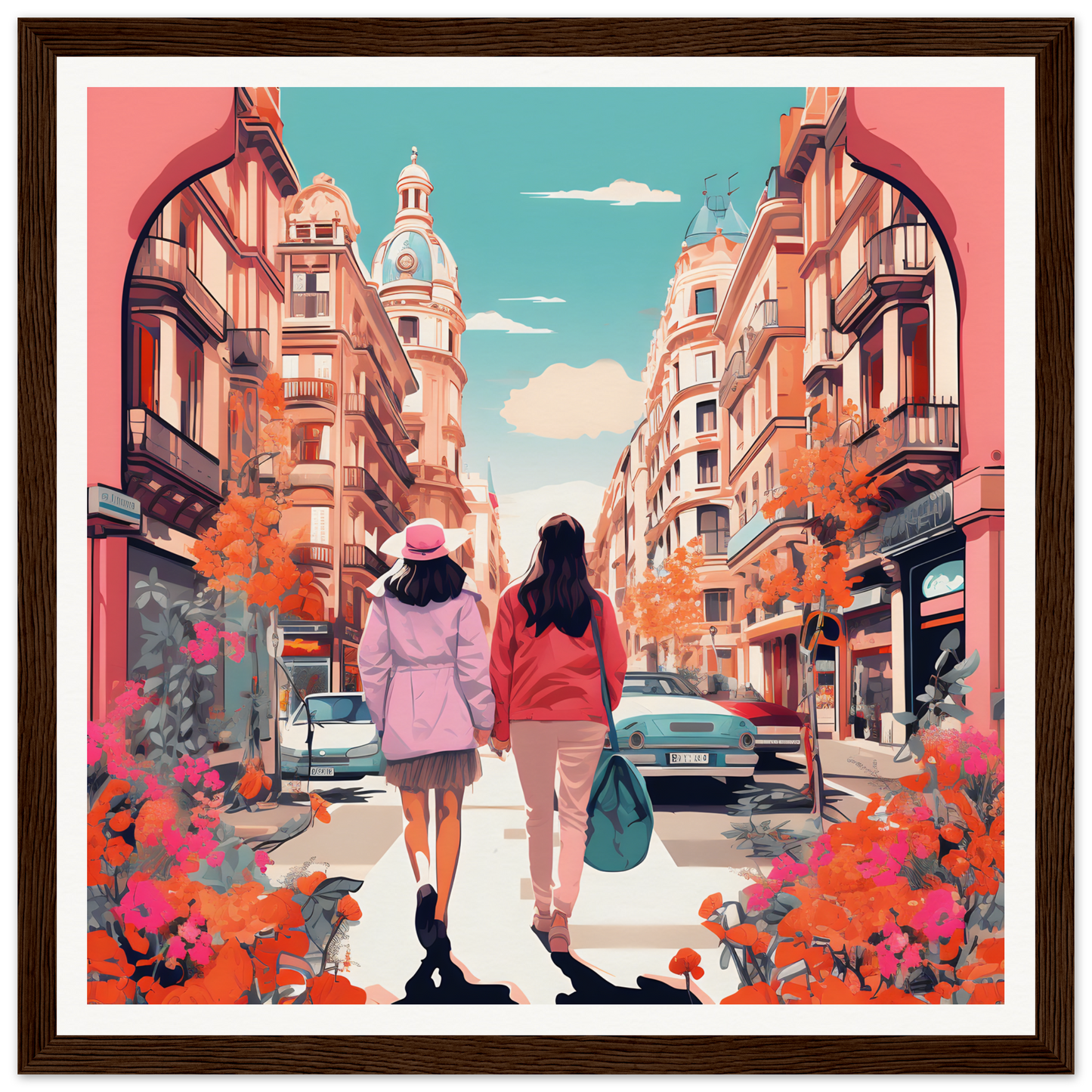 Two friends stroll together down a charming European street in Jazzed Urban Reverie