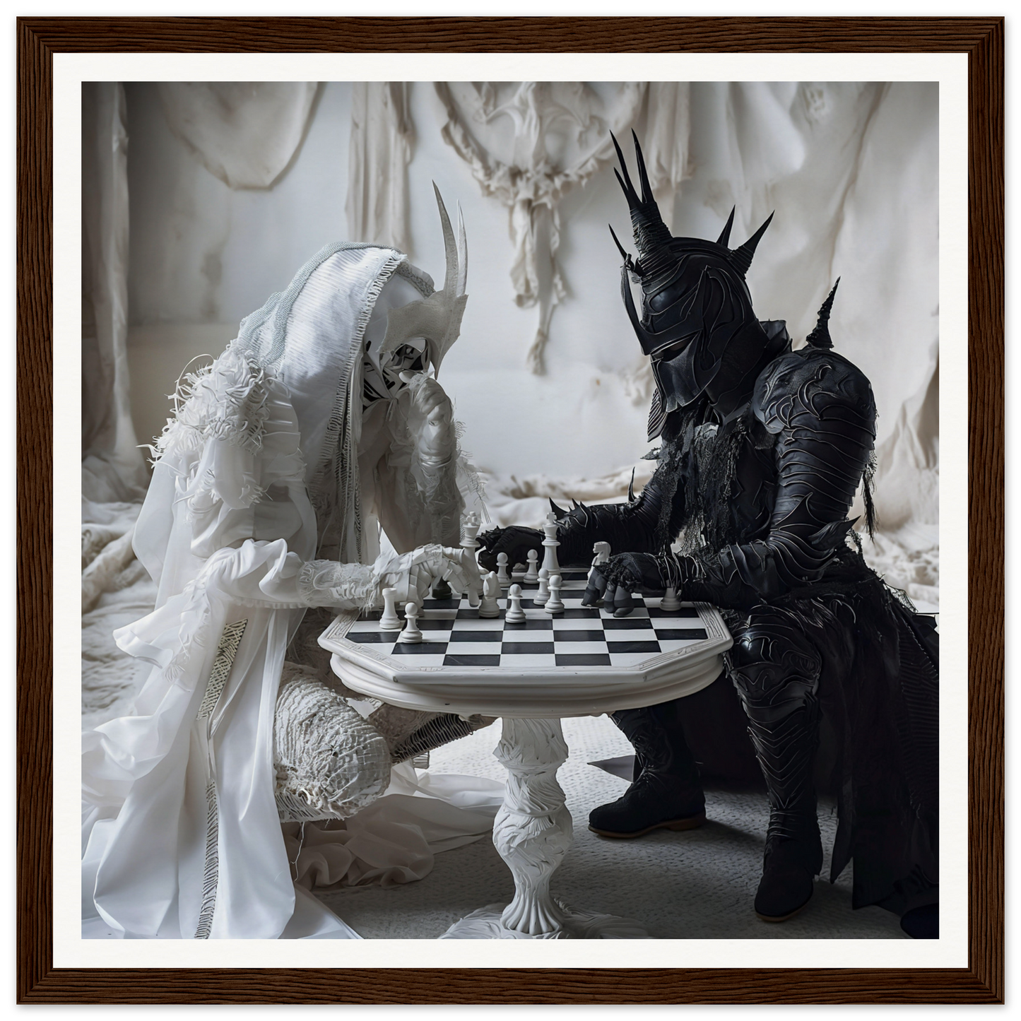 Two figures in black and white costumes playing chess in Kindled Celestial Dance art