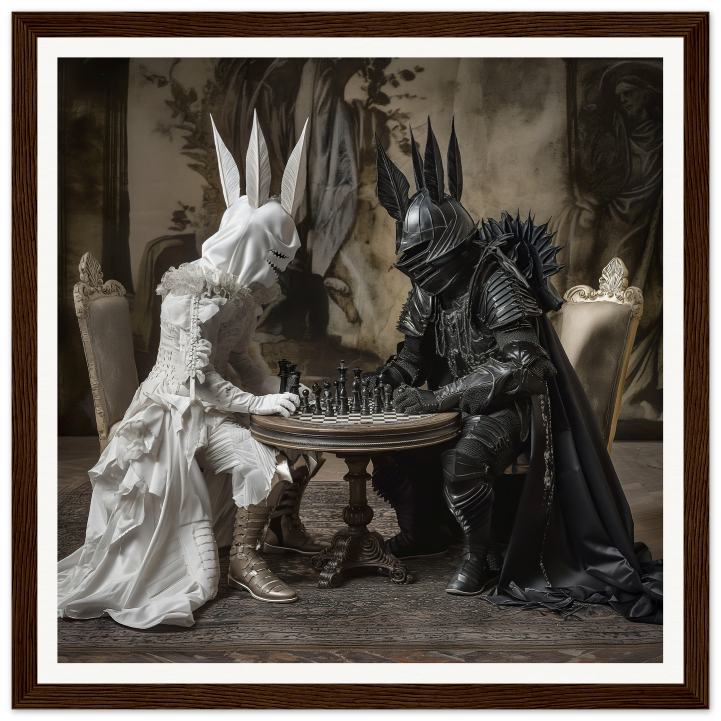 Armored rabbits play chess in Knighted Dreamscapes special edition art™ framed poster